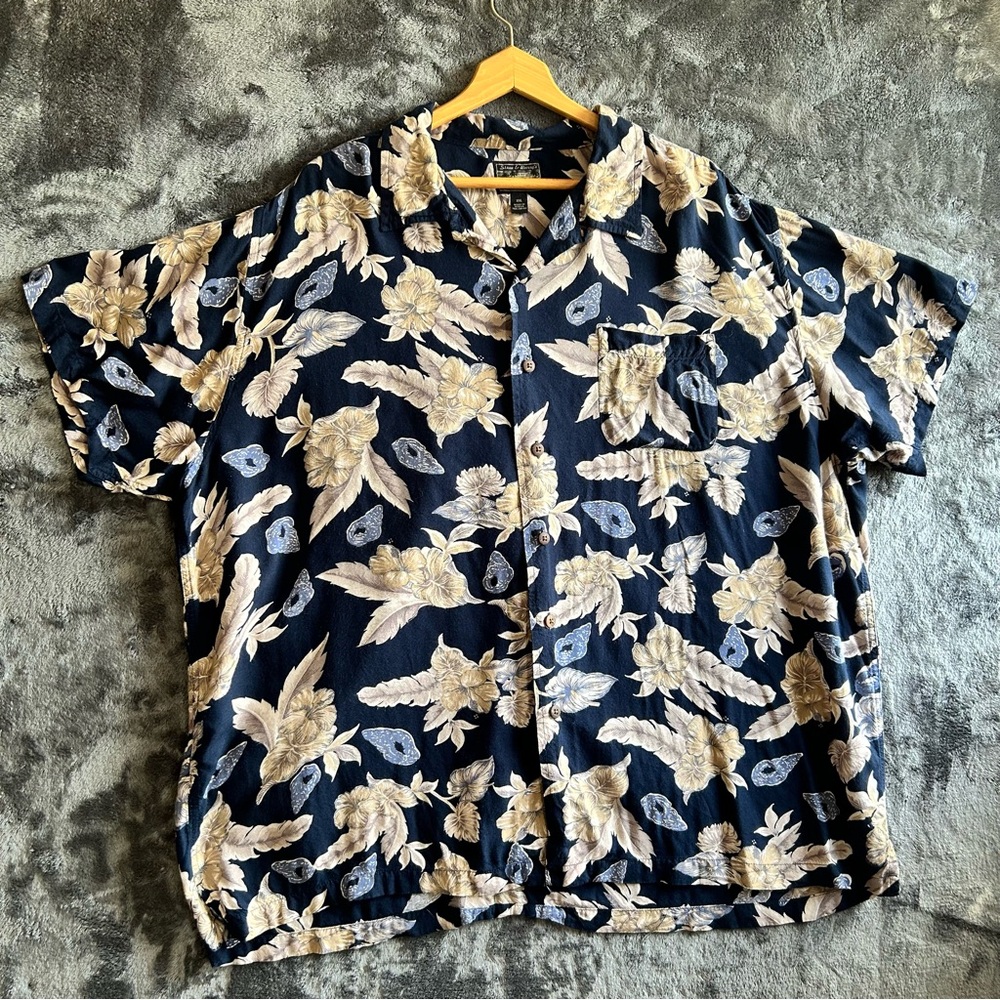 Steve & Barry's Mens 2XL Hawaiian Shirt Navy Blue Tropical Leaf Aloha Button Up